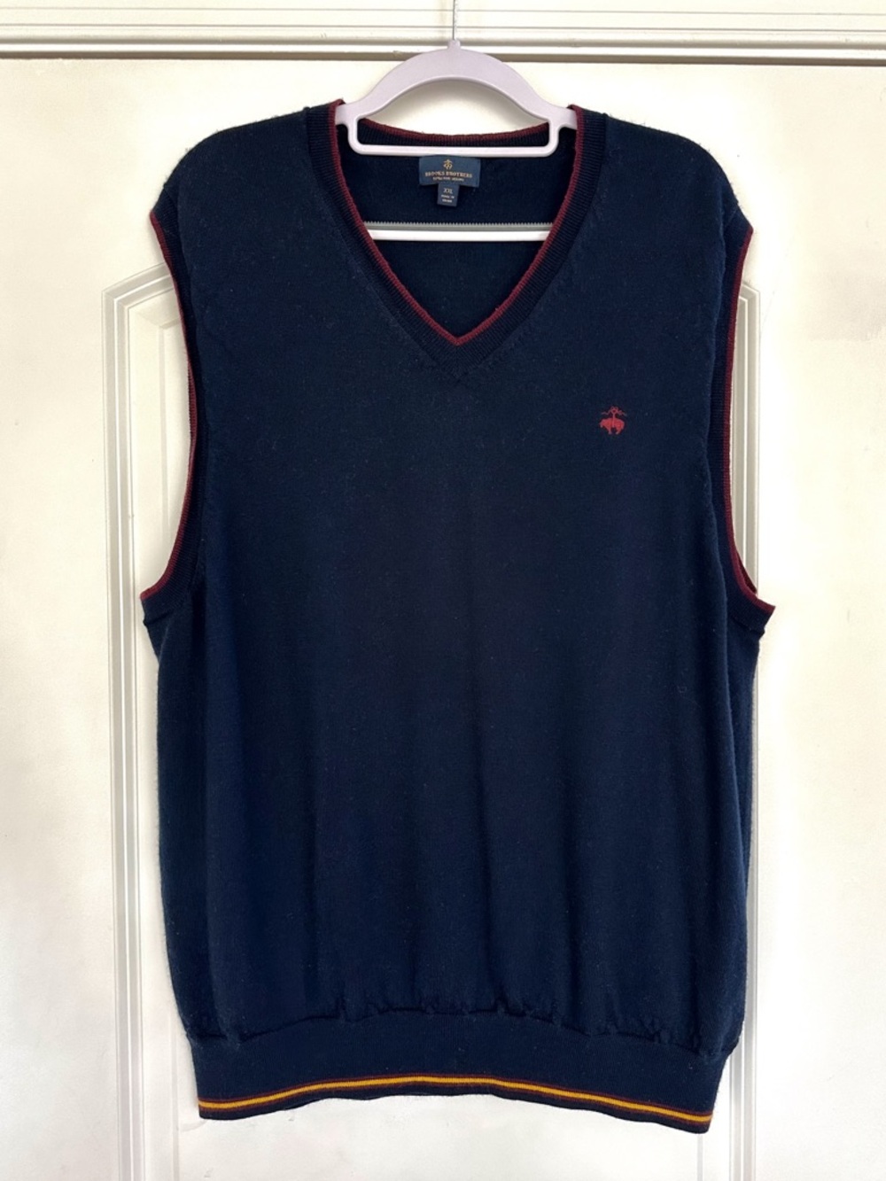 Brooks Brothers Fine Merino Wool Sweater Vest Navy Blue Stripe Trim XXL Prep